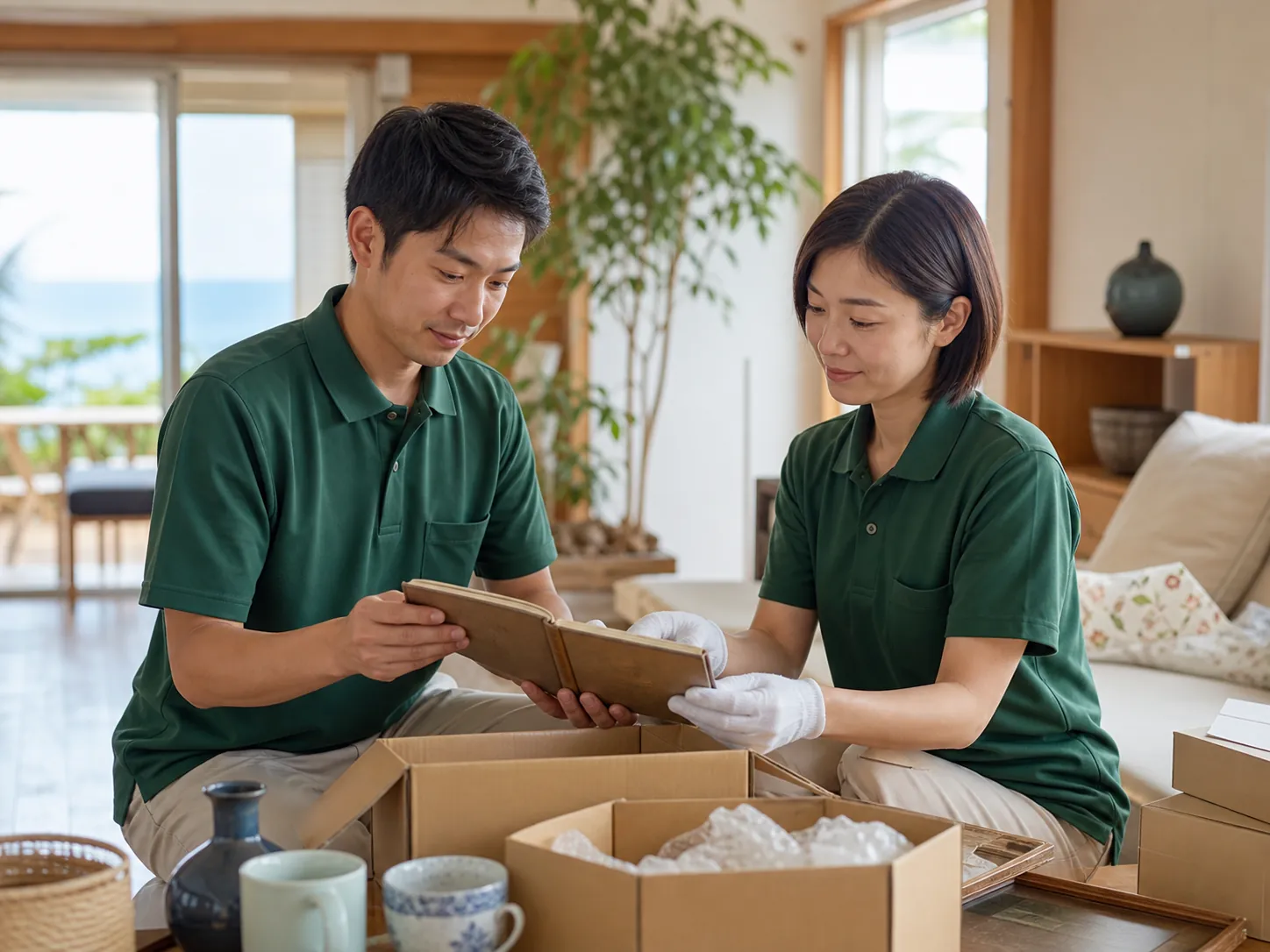 沖縄の住まいで思い出の品を丁寧に整理するスタッフ